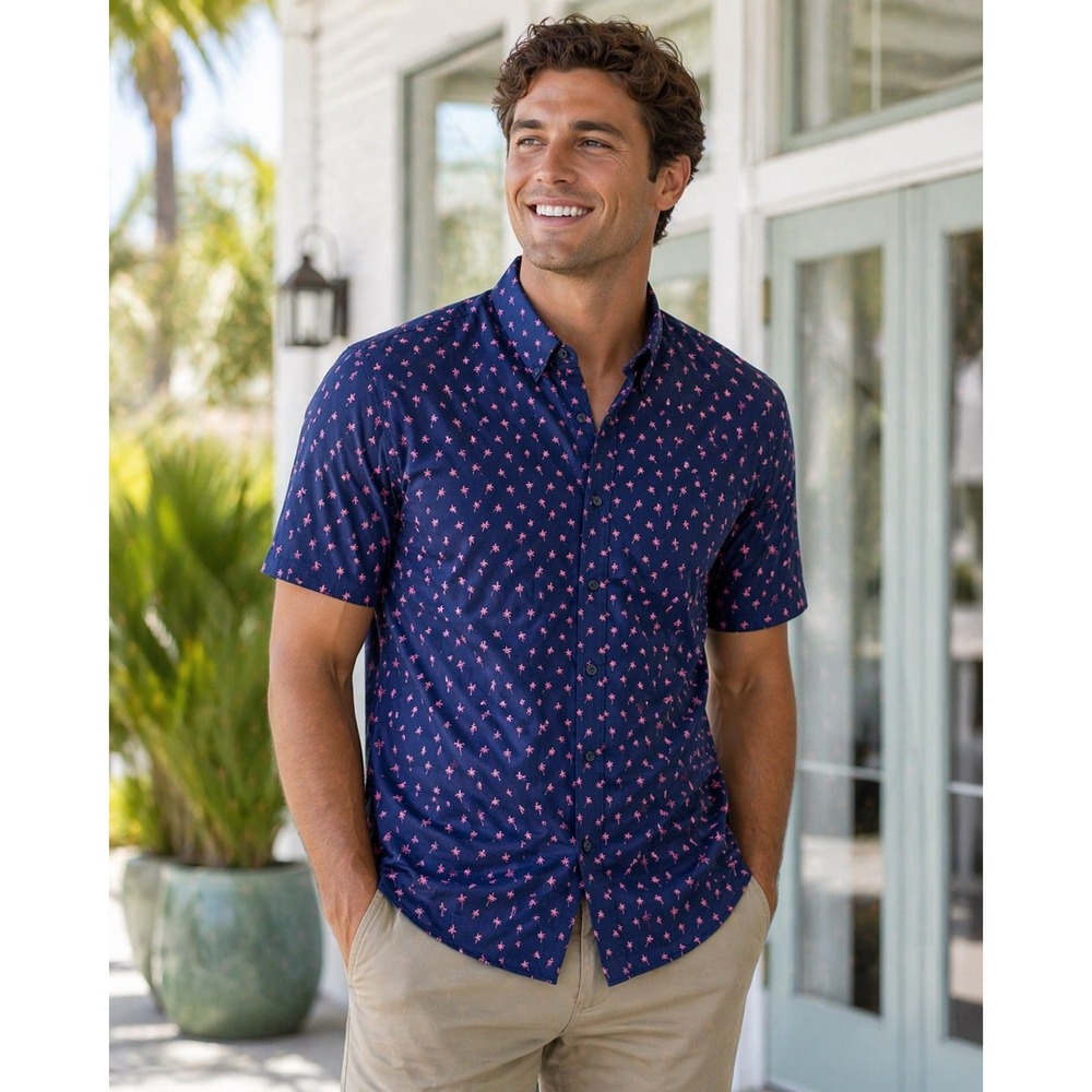 Shirtcraft Performance Men Slim Fit Shirt Blue Palm Print Stretch Casual‎ Medium